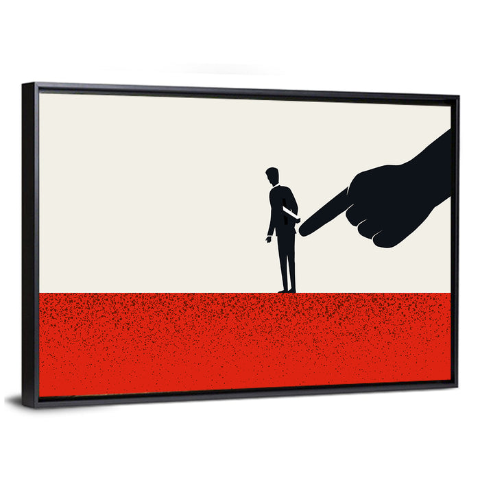 Giant Hand Pointing at Man Wall Art as a framed canvas