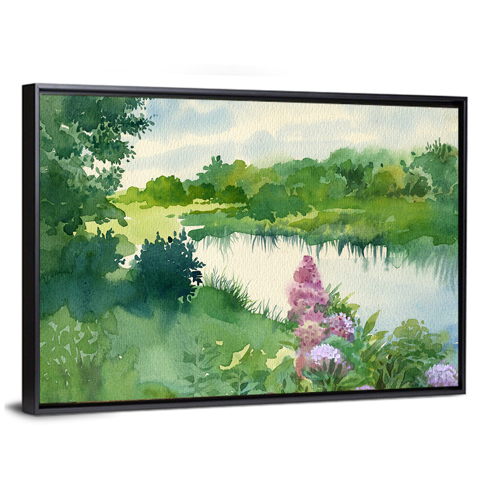 Lake Reflection with Purple Flowers Wall Art