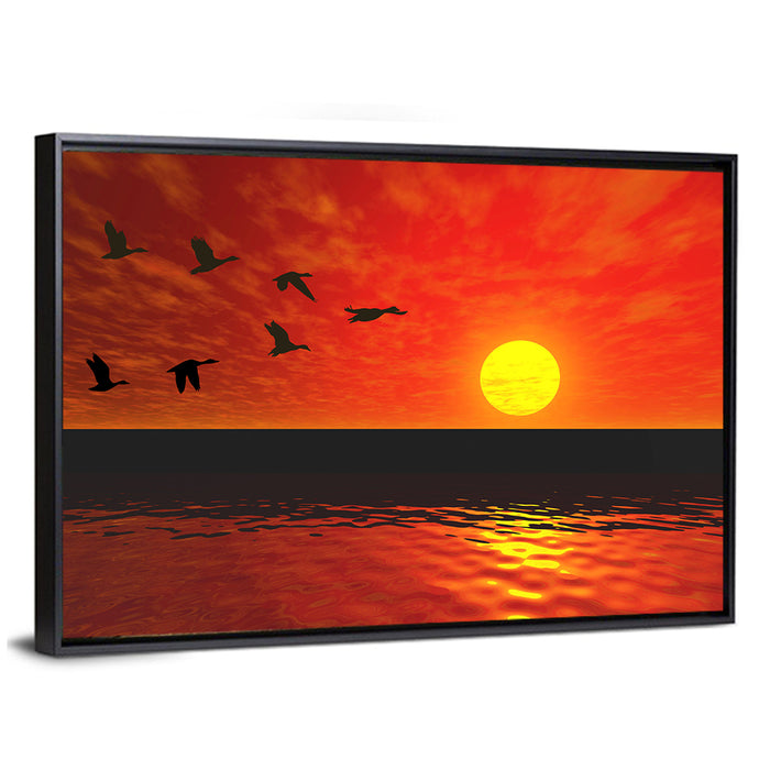 Ducks at Sunset Silhouette Wall Art as a framed canvas