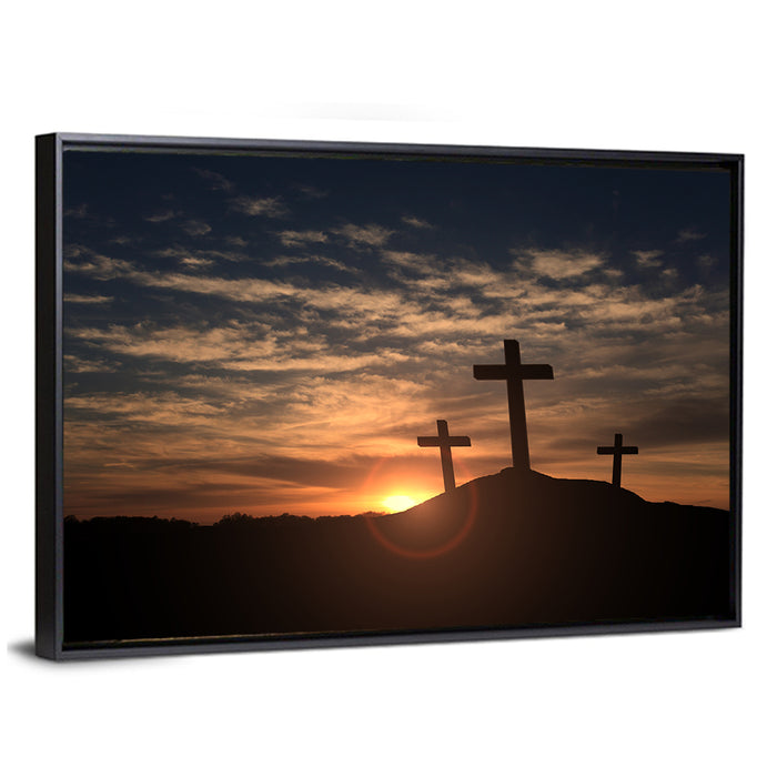 Three Crosses at Golden Sunset Wall Art as a framed canvas