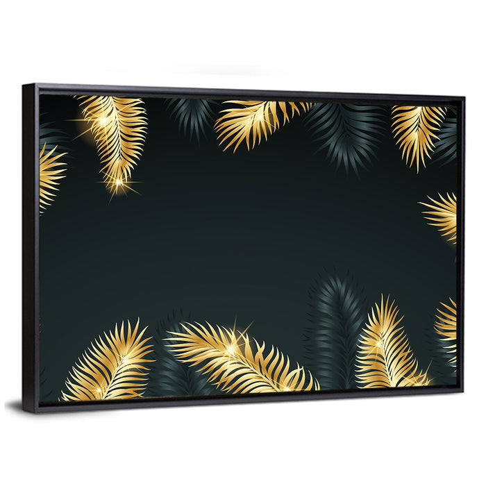 Golden Tropical Palm Leaves Wall Art as a framed canvas