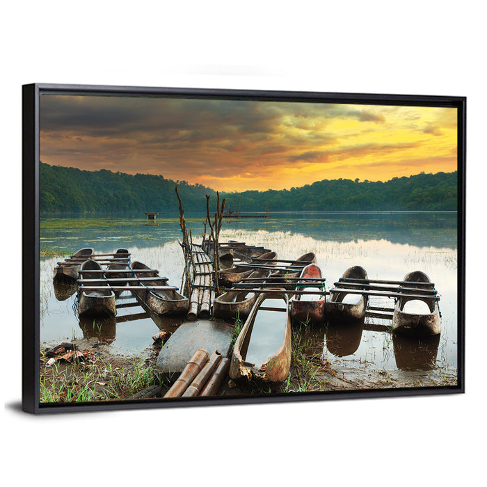 Tamblingan Lake Canoes at Sunset Wall Art as a framed canvas