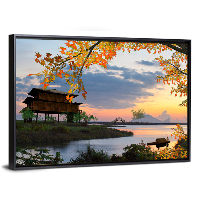 Chinese Lakeside at Dusk Wall Art as a framed canvas