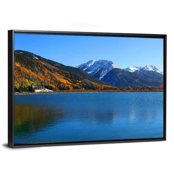Crystal Lake Colorado Autumn Reflection Wall Art as a framed canvas