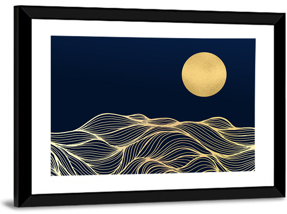 Geometric Moon Over Waves Wall Art