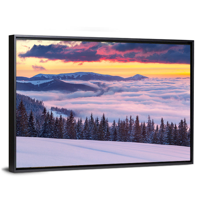 Morning Fog Over Winter Peaks Wall Art as a framed canvas