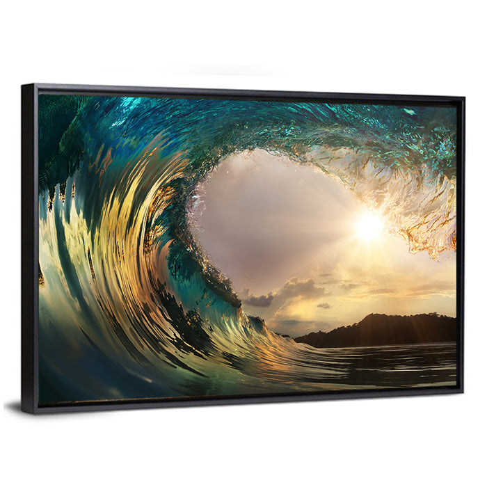 Sunset Barrel Wave Wall Art as a framed canvas