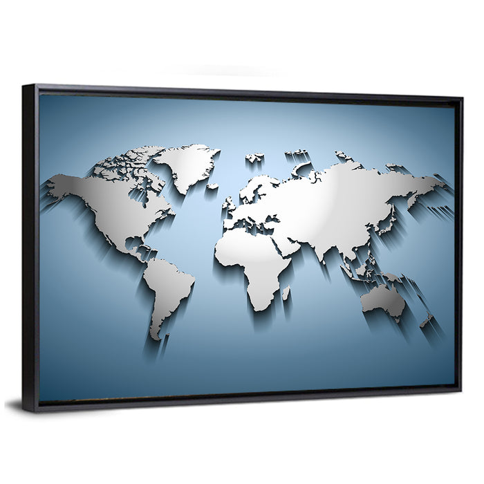 Bluish World Map Wall Art as a framed canvas