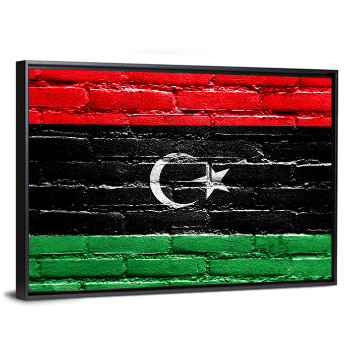 Libyan Flag on Distressed Brick Wall Art as a framed canvas