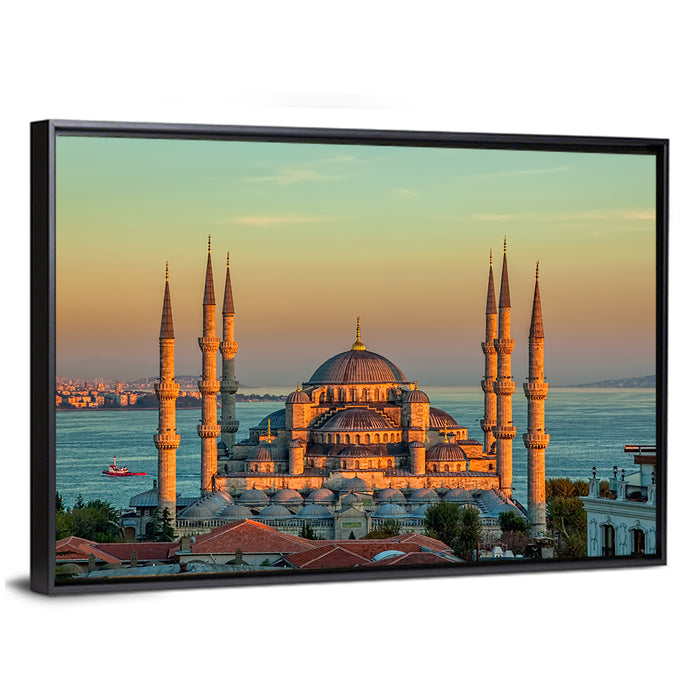 Sultan Ahmed Mosque at Sunset Wall Art as a framed canvas