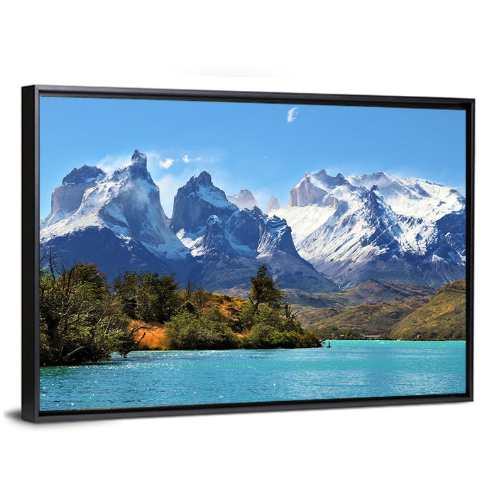 Turquoise Lake Pehoe, Torres Del Paine Wall Art as a framed canvas