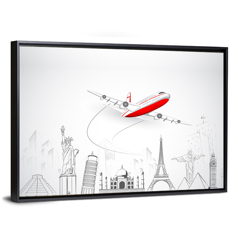 Airplane Over World Landmarks Wall Art