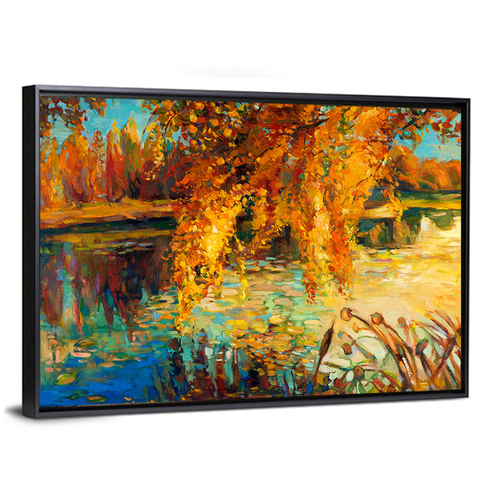 Autumn Lake with Weeping Willow Wall Art as a framed canvas