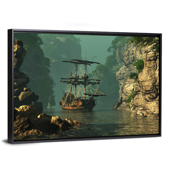 16th Century Sailing Ship in Gorge Wall Art as a framed canvas