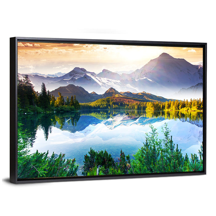 Sunlit Mountain Lake Reflection Wall Art as a framed canvas