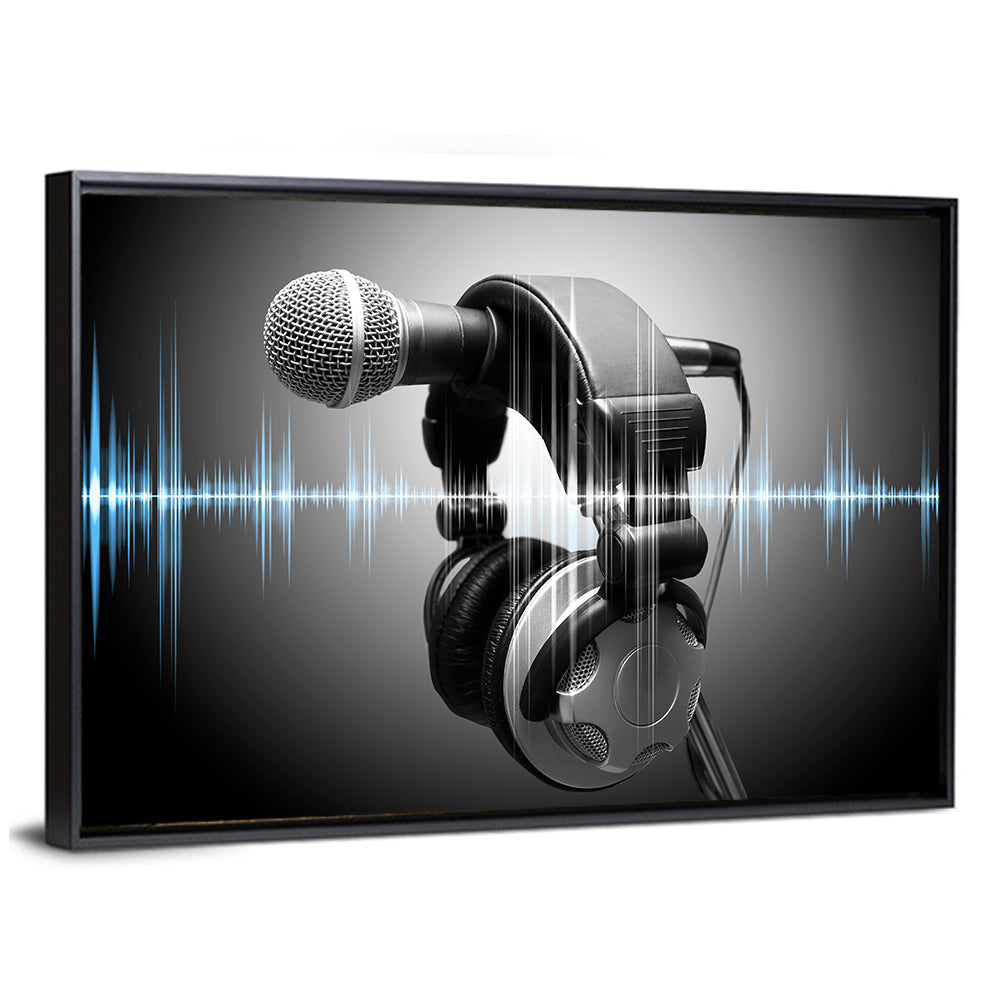 Headphones on Microphone with Sound Waves Wall Art