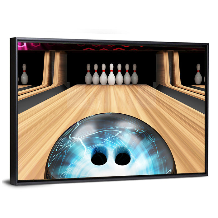 Glowing Blue Bowling Ball on Wooden Lane Wall Art as a framed canvas