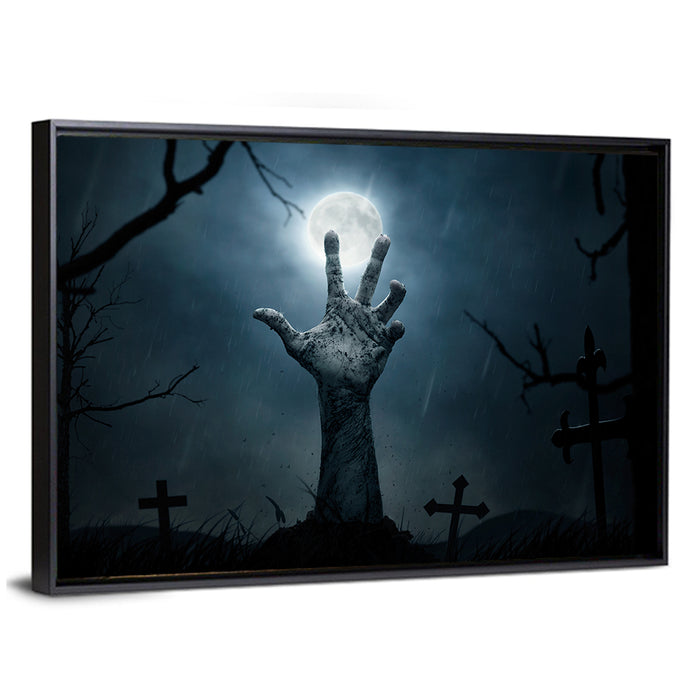 Rising Zombie Hand Under Moonlight Wall Art as a framed canvas