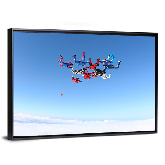 Skydiving Formation Over Clouds Wall Art as a framed canvas