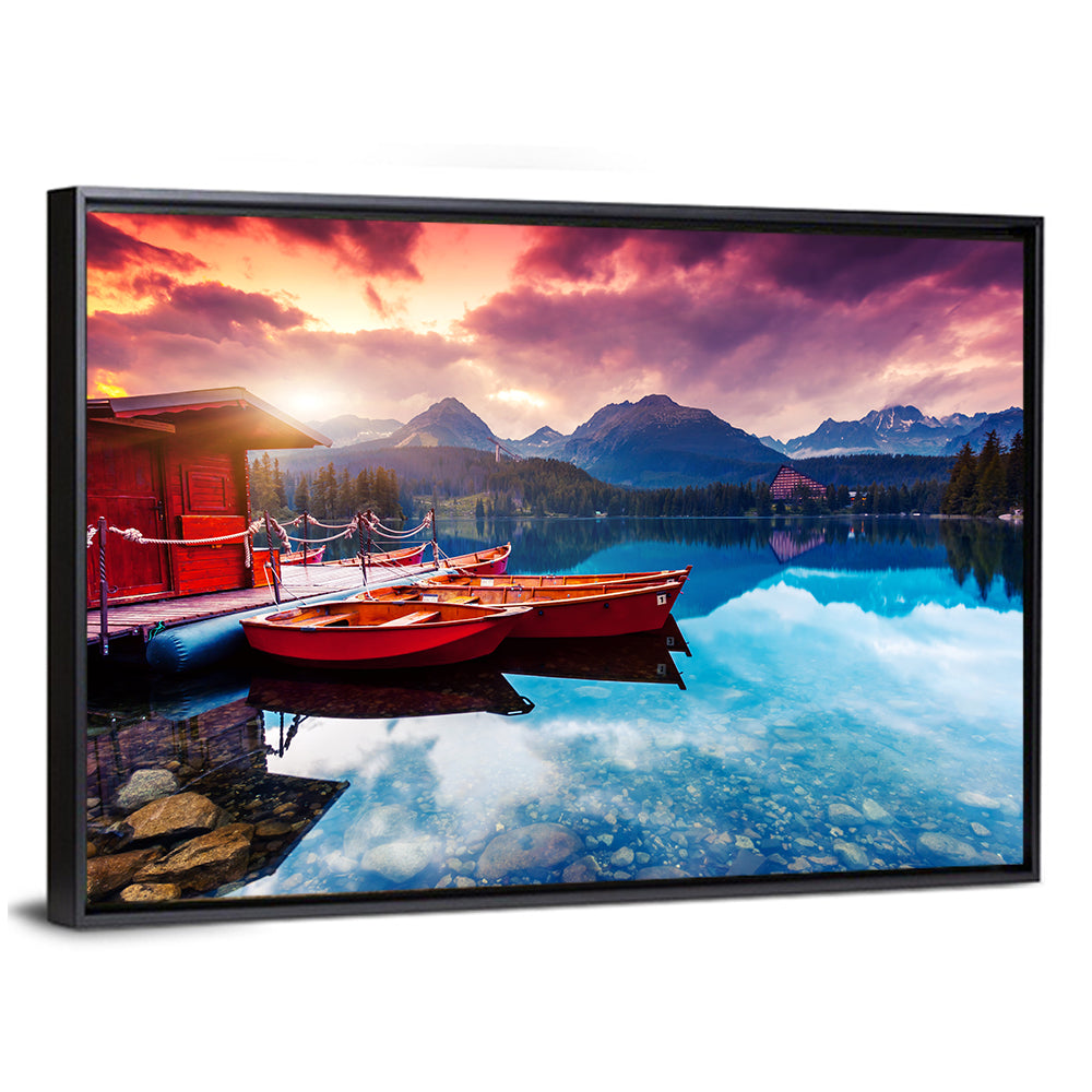 High Tatras Sunset Lake with Red Boats Wall Art