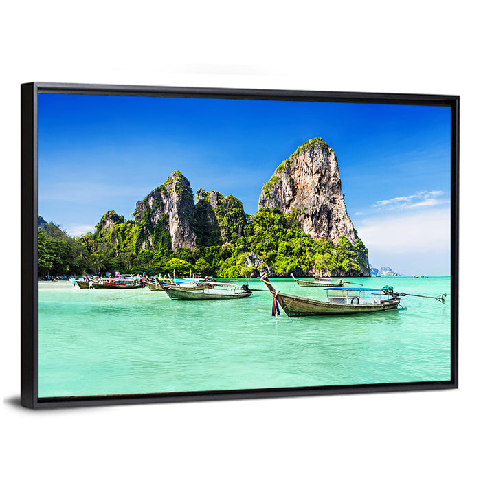 Railay Beach Long-tail Boats Wall Art as a framed canvas