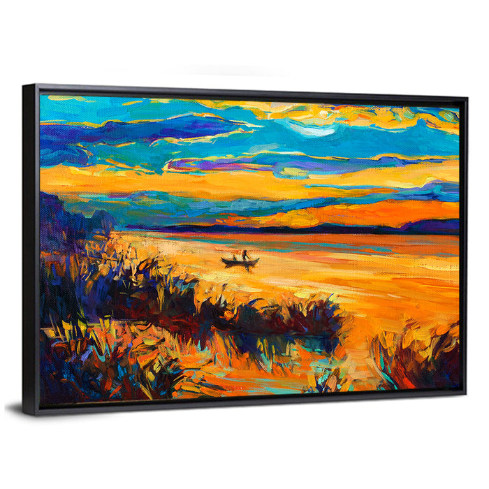 Sunset Boat on Lake Wall Art as a framed canvas