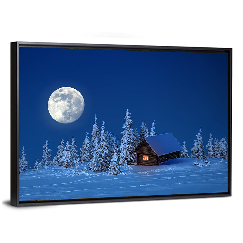Moonlit Winter Cabin in Forest Wall Art