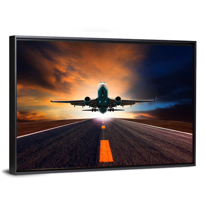 Passenger Jet Landing at Sunset Wall Art as a framed canvas