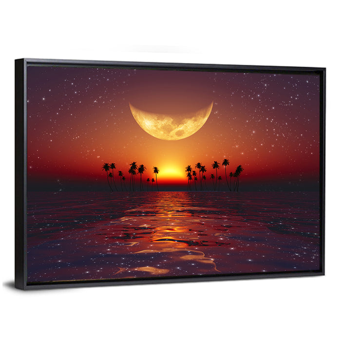 Golden Crescent Over Tropical Sunset Wall Art as a framed canvas