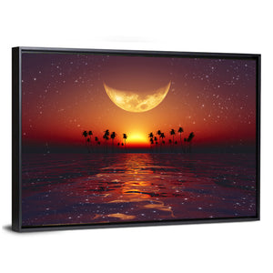 Yellow Moon Over Red Sunset At Tropical Sea Wall Art