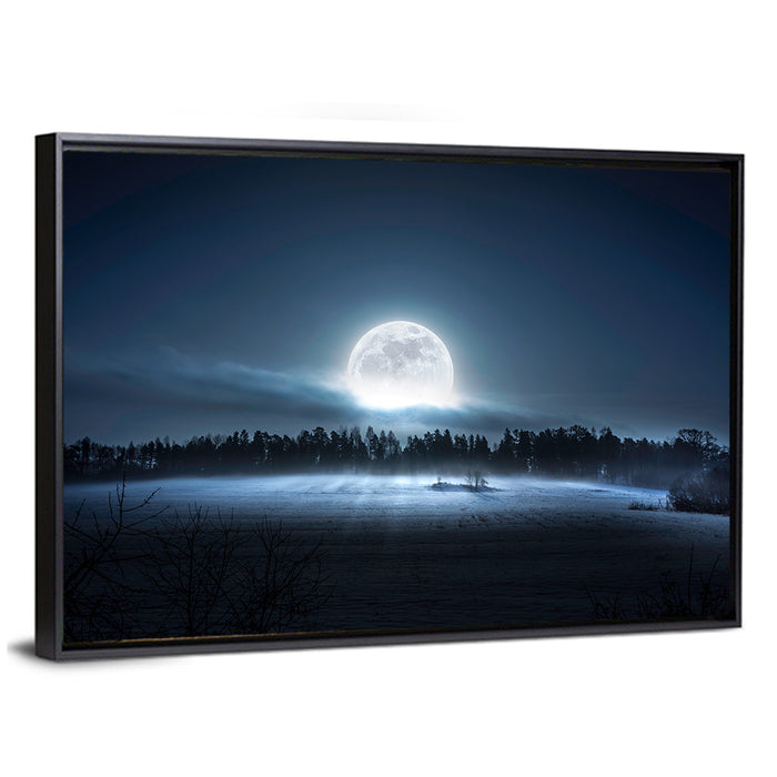 Moon Rising Over Forest Wall Art as a framed canvas