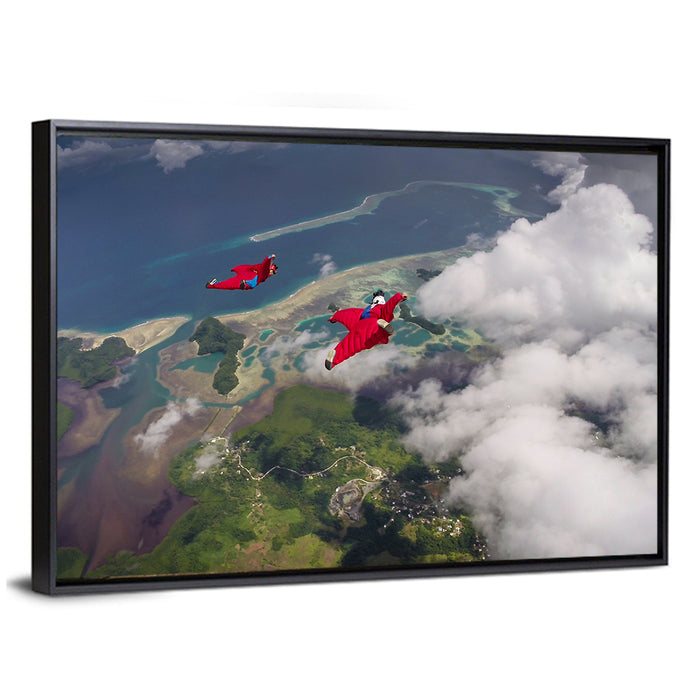 Wingsuit Duo Over Palau Coast Wall Art as a framed canvas