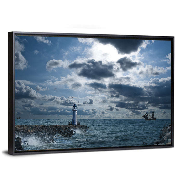 Lighthouse Under Storm Wall Art as a framed canvas
