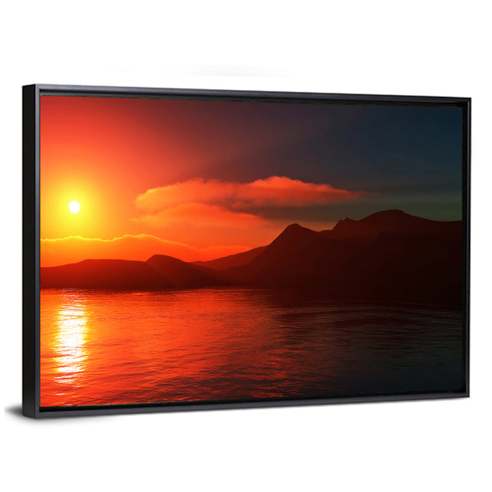 Sunset Reflection Over Mountain Lake Wall Art as a framed canvas