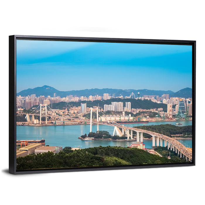 Haicang Suspension Bridge at Dusk Wall Art as a framed canvas