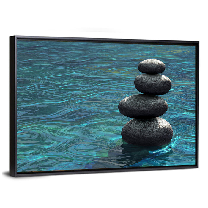 Zen Stone Stack Over Rippling Water Wall Art as a framed canvas