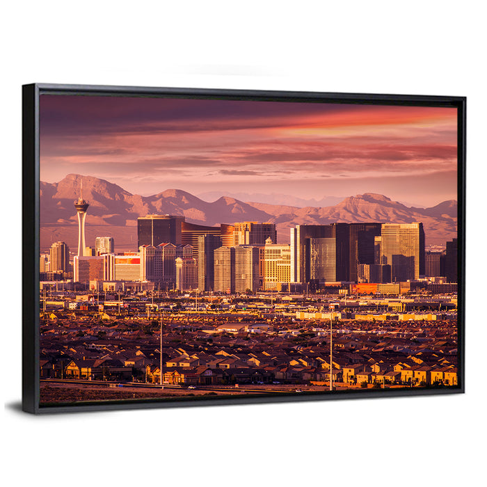 Las Vegas Strip Sunset Skyline Wall Art as a framed canvas