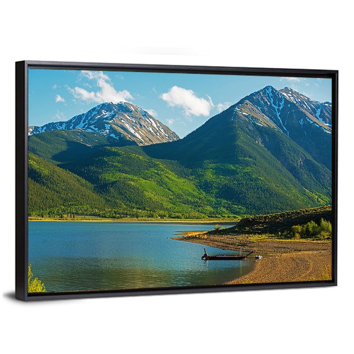 Snow-capped Peaks Over Twin Lakes Colorado Wall Art as a framed canvas