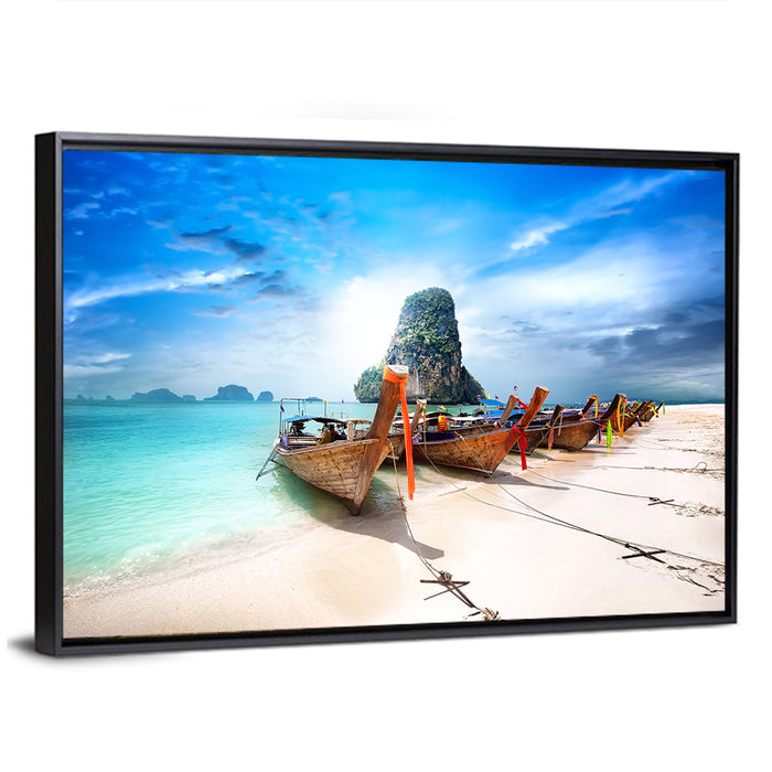 Railay Beach Long-tail Boats Wall Art as a framed canvas