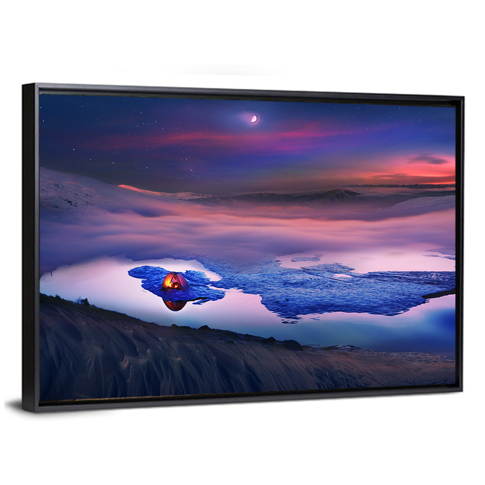 Glowing Tent on Frozen Mountain Lake Wall Art