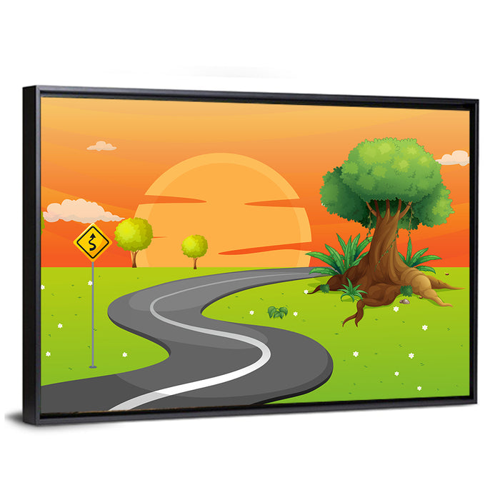 Winding Road Sunset Illustration Wall Art as a framed canvas