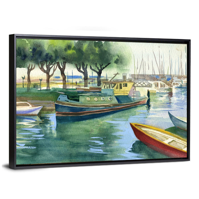 Watercolor Harbor Boats Wall Art as a framed canvas
