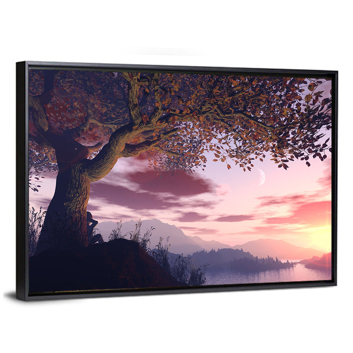 Dreamer Tree by Sunset Lake Wall Art as a framed canvas