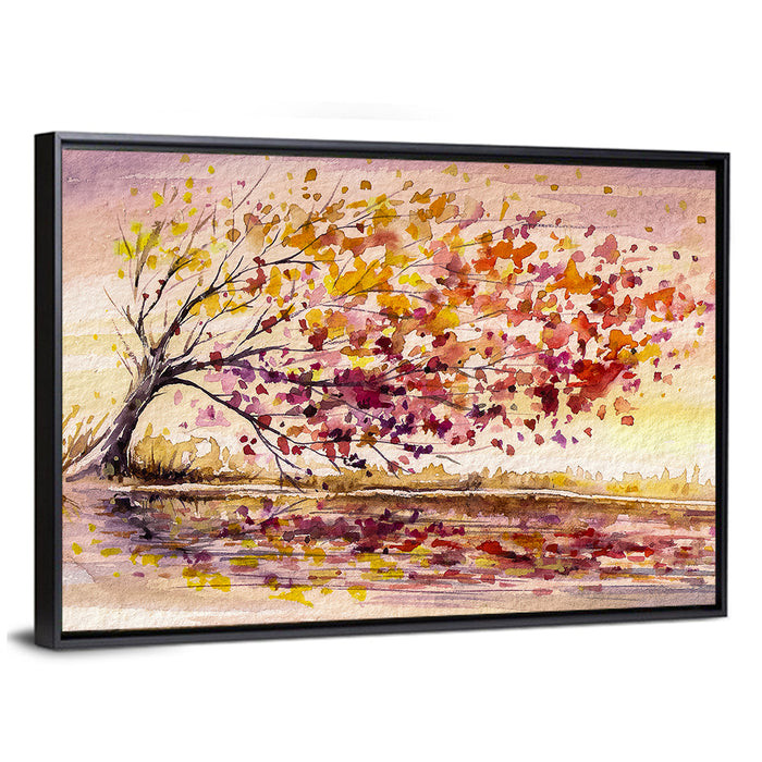Windblown Autumn Tree Reflection Wall Art as a framed canvas