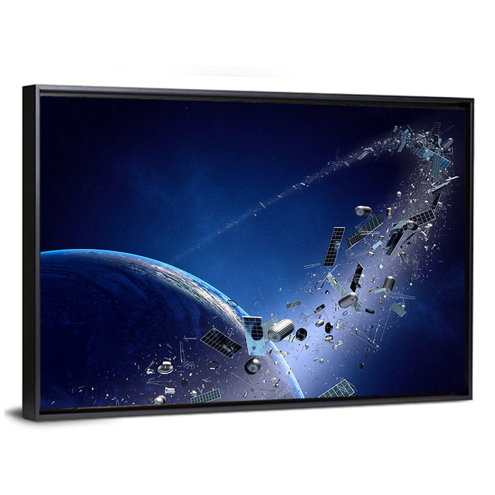 Orbital Debris Around Earth Wall Art as a framed canvas