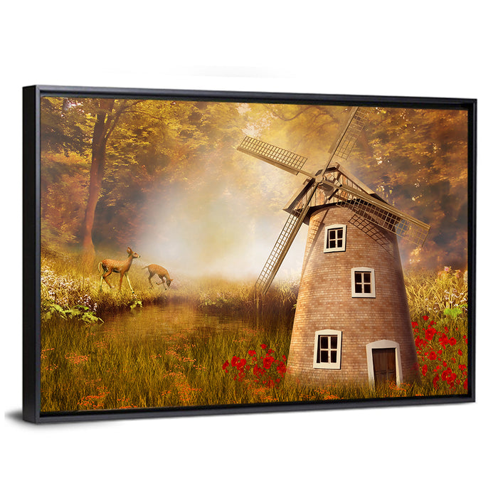 Autumn Windmill in Forest Clearing Wall Art as a framed canvas
