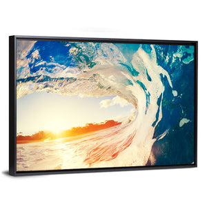 Blue Ocean Wave Crashing At Sunset Wall Art