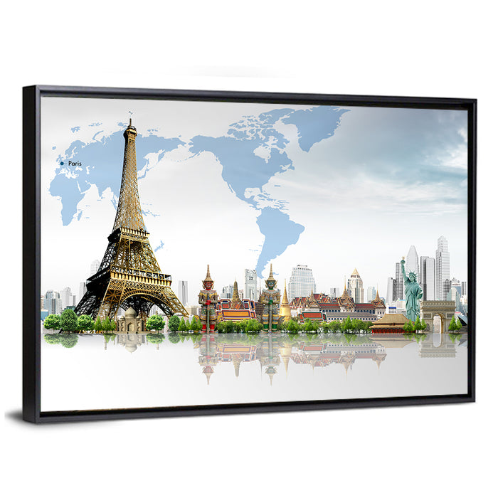 Global Landmarks Collage Wall Art as a framed canvas
