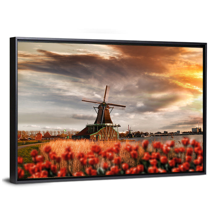 Dutch Windmill with Red Tulips Wall Art as a framed canvas
