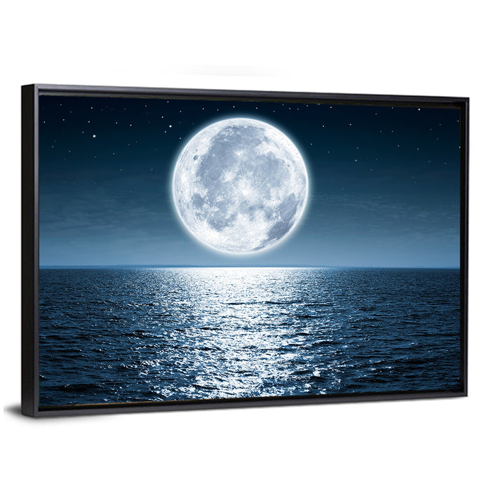 Full Moon Rising Over Ocean Wall Art as a framed canvas